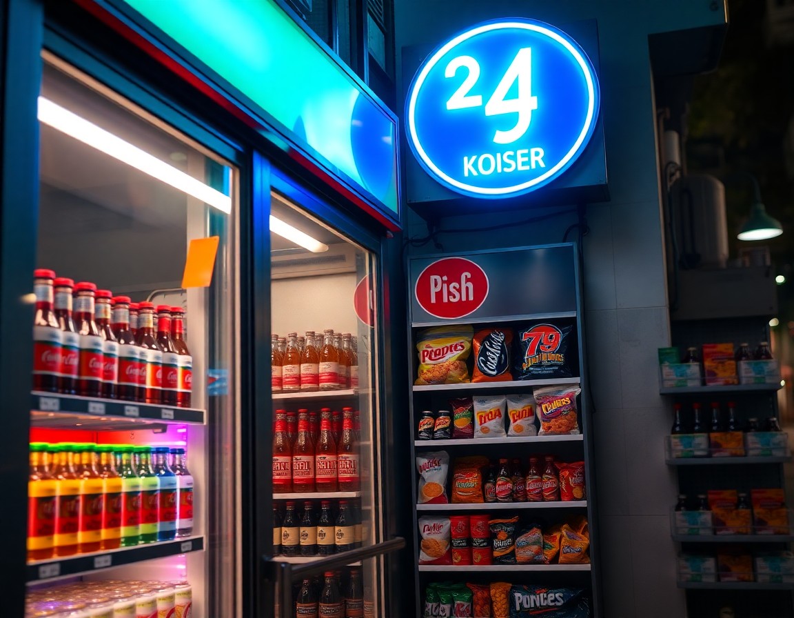 Detalle del interior del kiosco con estanterías de golosinas y heladera de bebidas iluminadas de noche