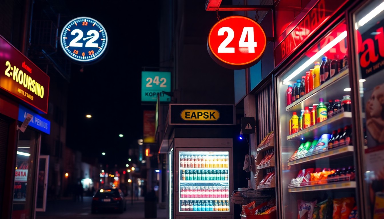 Frente del Kiosco 24hs iluminado de noche con carteles de neón en una calle de barrio porteño